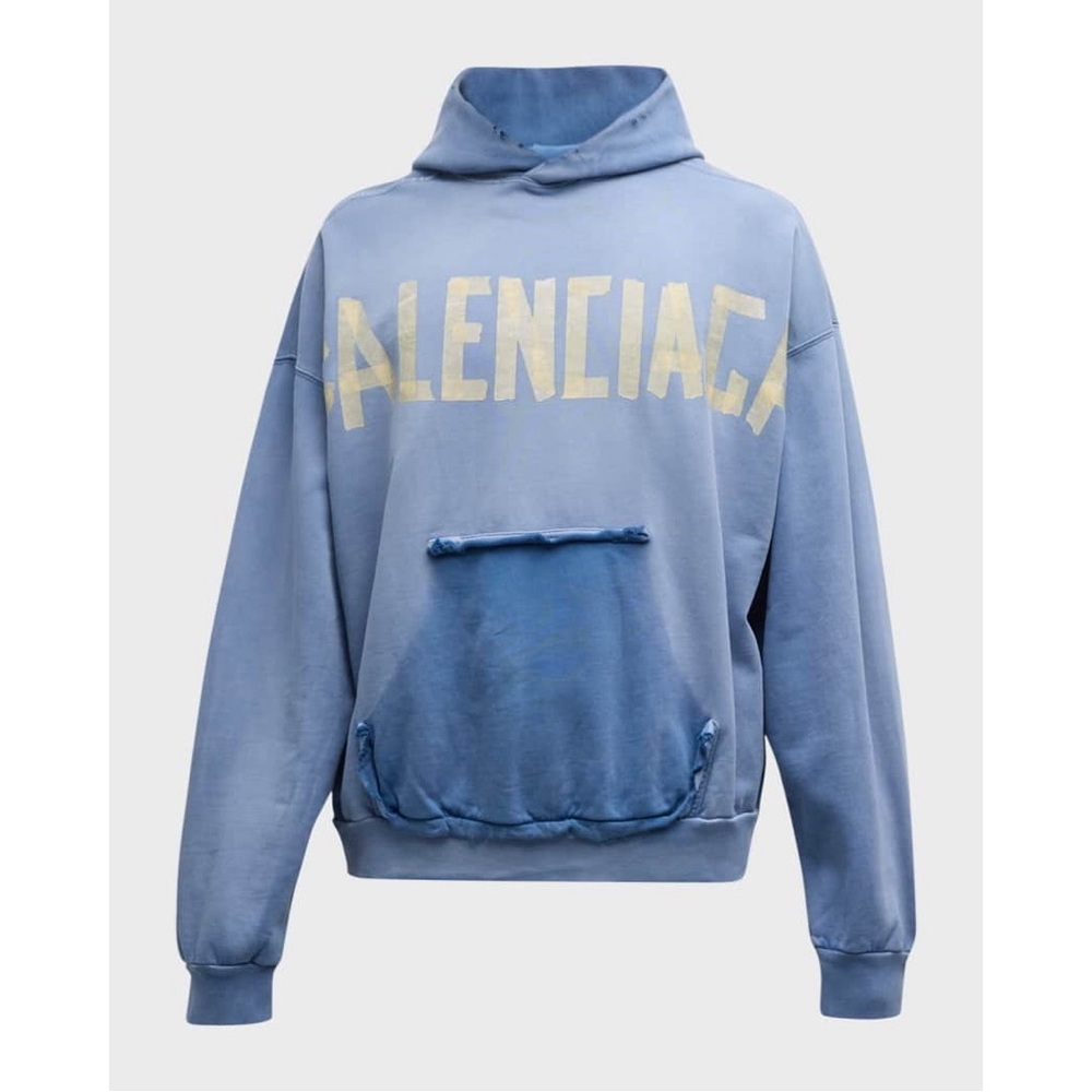 Balenciaga Men's Logo Tape Distressed Ripped Pocket Hoodie Oversized Faded Blue - Picture 7 of 15